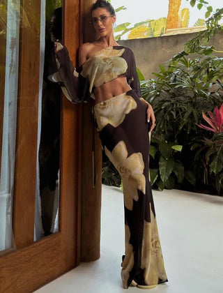 Printed One Shoulder Two Piece Set with Flowy Sleeve Detail
