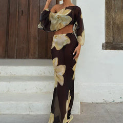 Printed One Shoulder Two Piece Set with Flowy Sleeve Detail