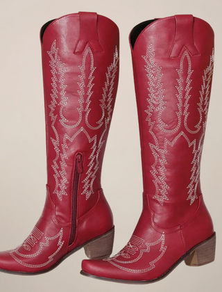 Women's Knee-High Cowboy Boots with Embroidered Design