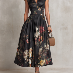 Black Keyhole Collar Floral Pleated Satin Midi Dress