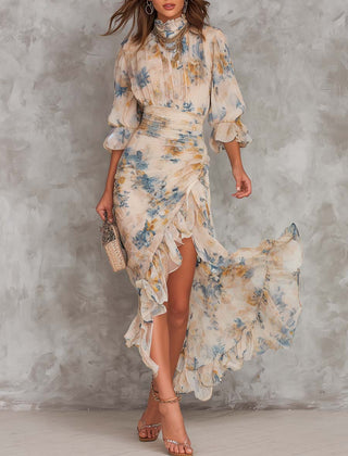 Beige Turtleneck Oil Painting Floral Print Irregular Chiffon Maxi Dress