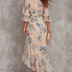 Beige Turtleneck Oil Painting Floral Print Irregular Chiffon Maxi Dress