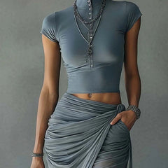 Blue Cropped T-Shirt and Sheer Mesh Draped Skirt Set