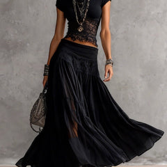 Black Sheer Lace-Paneled Top and Pleated Maxi Skirt Set