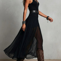 Black Sleeveless Tank Top With Tulle Skirt Maxi Dress (with belt)