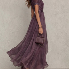 Purple Keyhole Neckline Chiffon Lace Trim Maxi Dress