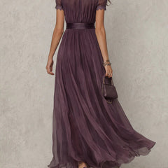 Purple Keyhole Neckline Chiffon Lace Trim Maxi Dress
