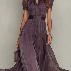 Purple Keyhole Neckline Chiffon Lace Trim Maxi Dress