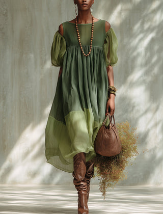 Green Chiffon Off Shoulder Short Sleeve Midi Dress