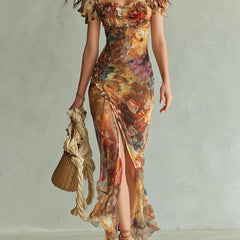 Orange Bohemian Holiday Oil Painting Print Chiffon Maxi Dress