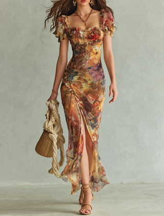 Orange Bohemian Holiday Oil Painting Print Chiffon Maxi Dress