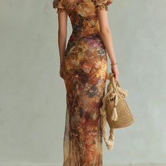 Orange Bohemian Holiday Oil Painting Print Chiffon Maxi Dress