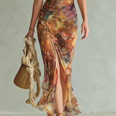 Orange Bohemian Holiday Oil Painting Print Chiffon Maxi Dress