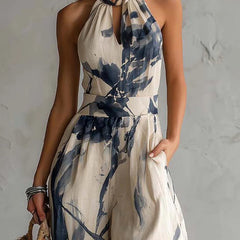 Halter Neck Ink Wash Print Wide Leg Jumpsuit With Pockets