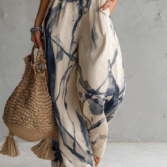 Halter Neck Ink Wash Print Wide Leg Jumpsuit With Pockets