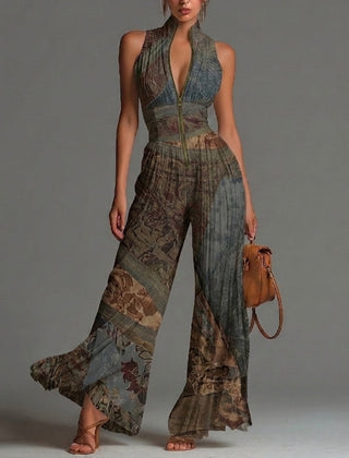 Bohemian Ethnic Print Sleeveless Zipper Pleated Wide-leg Chiffon Jumpsuit