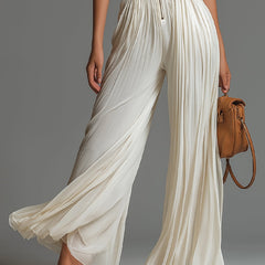 White V-neck Sleeveless Zip-up Pleated Wide-leg Chiffon Jumpsuit