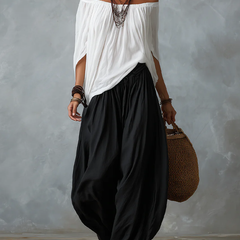 White Off-the-shoulder Top And Loose-fitting Lantern Pants Set