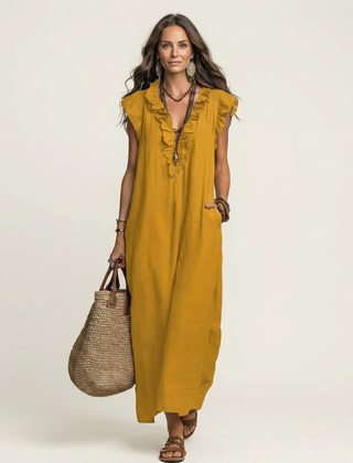 Josette | Ruffle V-Neck Linen Maxi Dress