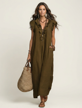 Josette | Ruffle V-Neck Linen Maxi Dress
