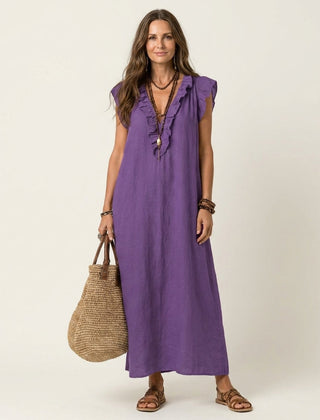 Josette | Ruffle V-Neck Linen Maxi Dress