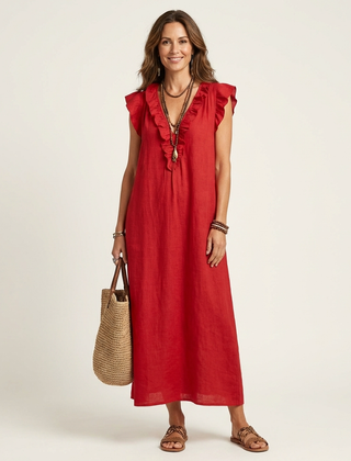 Josette | Ruffle V-Neck Linen Maxi Dress