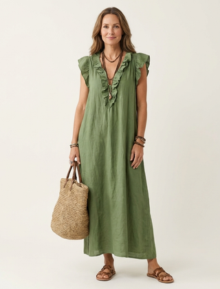 Josette | Ruffle V-Neck Linen Maxi Dress