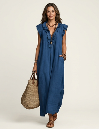 Josette | Ruffle V-Neck Linen Maxi Dress