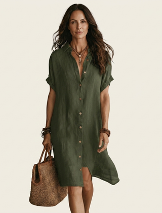 Nidalie | Cotton-Linen Midi Shirt Dress with Rolled Cuffs