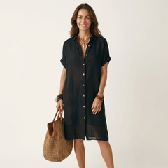 Nidalie | Cotton-Linen Midi Shirt Dress with Rolled Cuffs