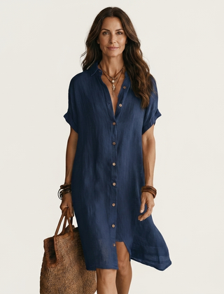 Nidalie | Cotton-Linen Midi Shirt Dress with Rolled Cuffs