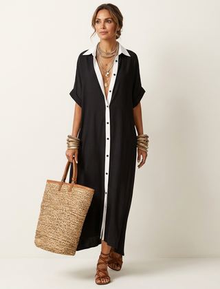 Kamira | Contrast-Collar Button-Front Short-Sleeve Maxi Shirt Dress