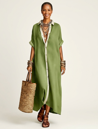 Kamira | Contrast-Collar Button-Front Short-Sleeve Maxi Shirt Dress