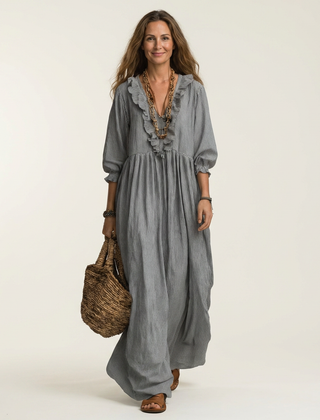 Yosetta | Ruffle V-Neck Striped Lantern-Sleeve Maxi Dress