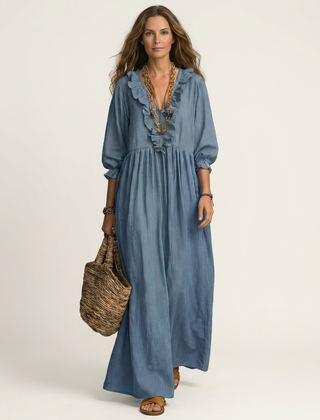 Yosetta | Ruffle V-Neck Striped Lantern-Sleeve Maxi Dress
