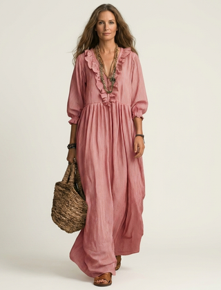 Yosetta | Ruffle V-Neck Striped Lantern-Sleeve Maxi Dress
