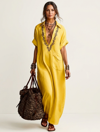 Amarina | Embroidered V-Neck Collar Linen Maxi Dress
