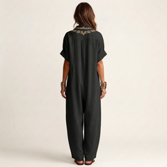 Amarina | Embroidered V-Neck Collar Linen Maxi Dress