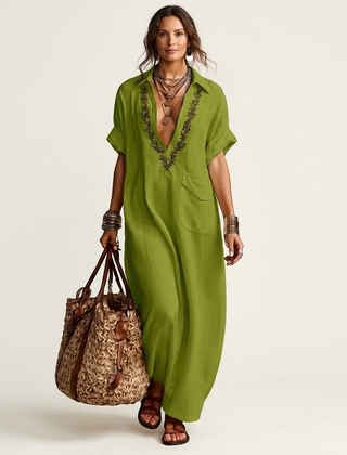 Amarina | Embroidered V-Neck Collar Linen Maxi Dress