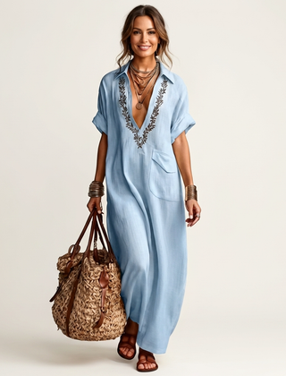 Amarina | Embroidered V-Neck Collar Linen Maxi Dress