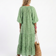 Apolline | Three Quarter Sleeve V Neck Patterned Midi Dress