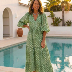 Apolline | Three Quarter Sleeve V Neck Patterned Midi Dress