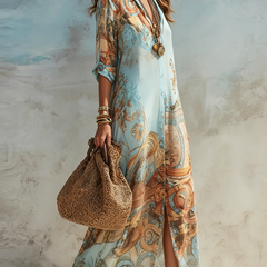 Baroque Style Floral Blue Chiffon Maxi Dress