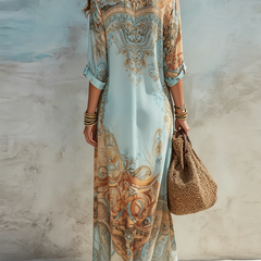 Baroque Style Floral Blue Chiffon Maxi Dress