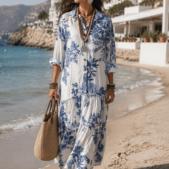 Bohemian Blue Floral Button-down Maxi Dress