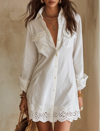 Bohemian Eyelet Hem Resort White Shirt Mini Dress
