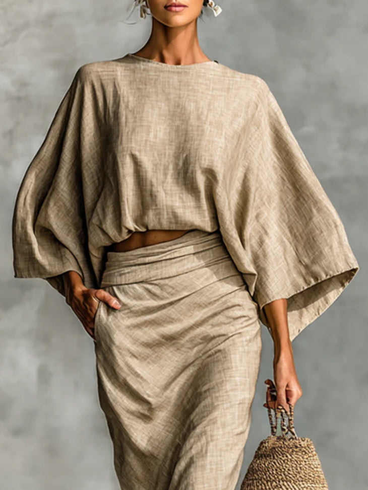 WILLOW | Beige Two Piece Set with Batwing Top and Long Skirt for Effortless Elegance