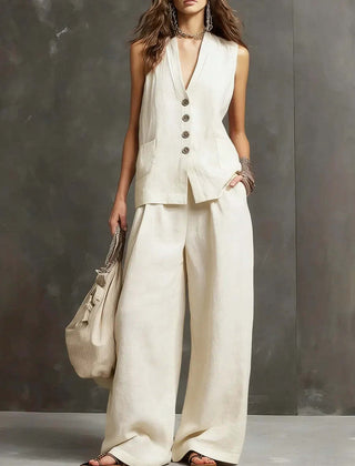 Two-Piece Set in Cotton and Linen with Sleeveless Vest and Wide-Leg Pants