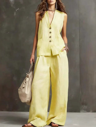 Two-Piece Set in Cotton and Linen with Sleeveless Vest and Wide-Leg Pants