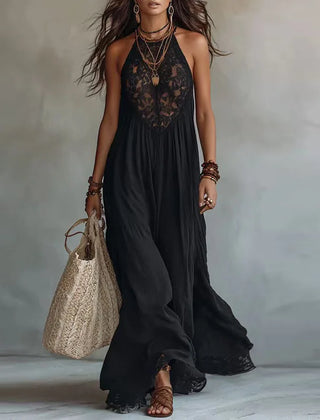 JADE | Lace Panel Halter Maxi Dress with Open Back